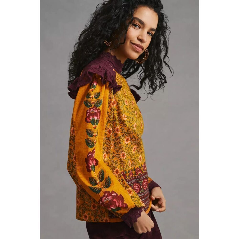 Anthropologie Farm Rio Ruffled Blouse Floral Printed Top Embroidered Lace M NWT - Picture 4 of 7